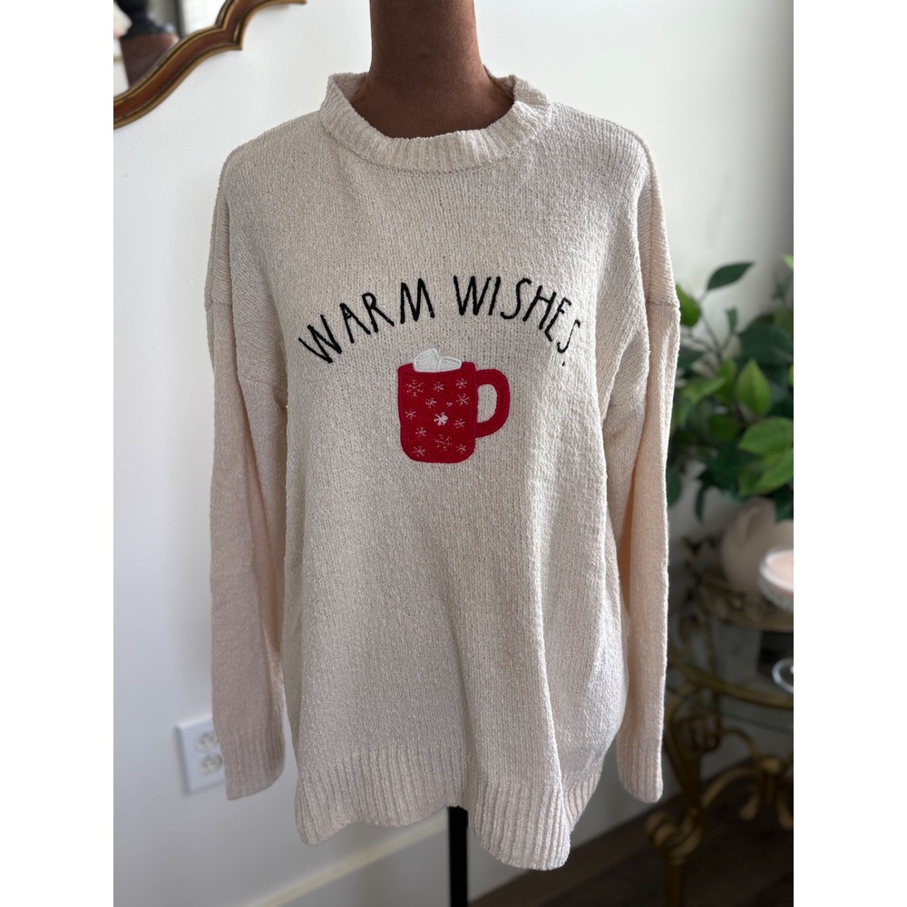 Rae Dunn Warm Wishes Mug‎ Sweater Women's L Cozy Christmas Holiday Winter Knit